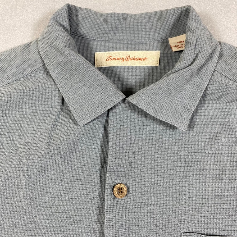 Tommy Bahama Mens M Silk Button Down Shirt Blue Gray Short Sleeve Camp Collar